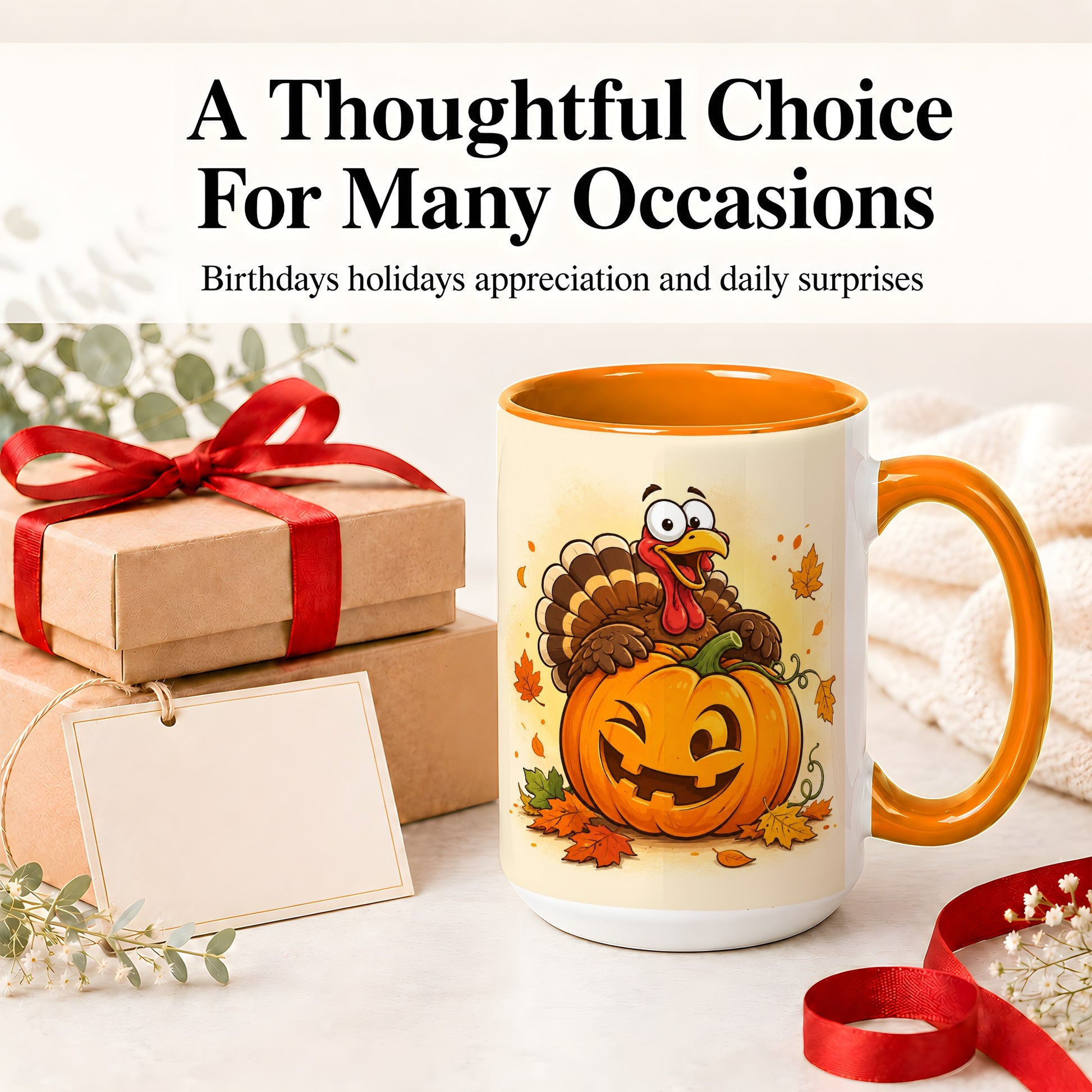 #pl[15oz|Orange] Turkey Pumpkin Accent Mug, Ceramic Mug with Jack-O-Lantern Artwork