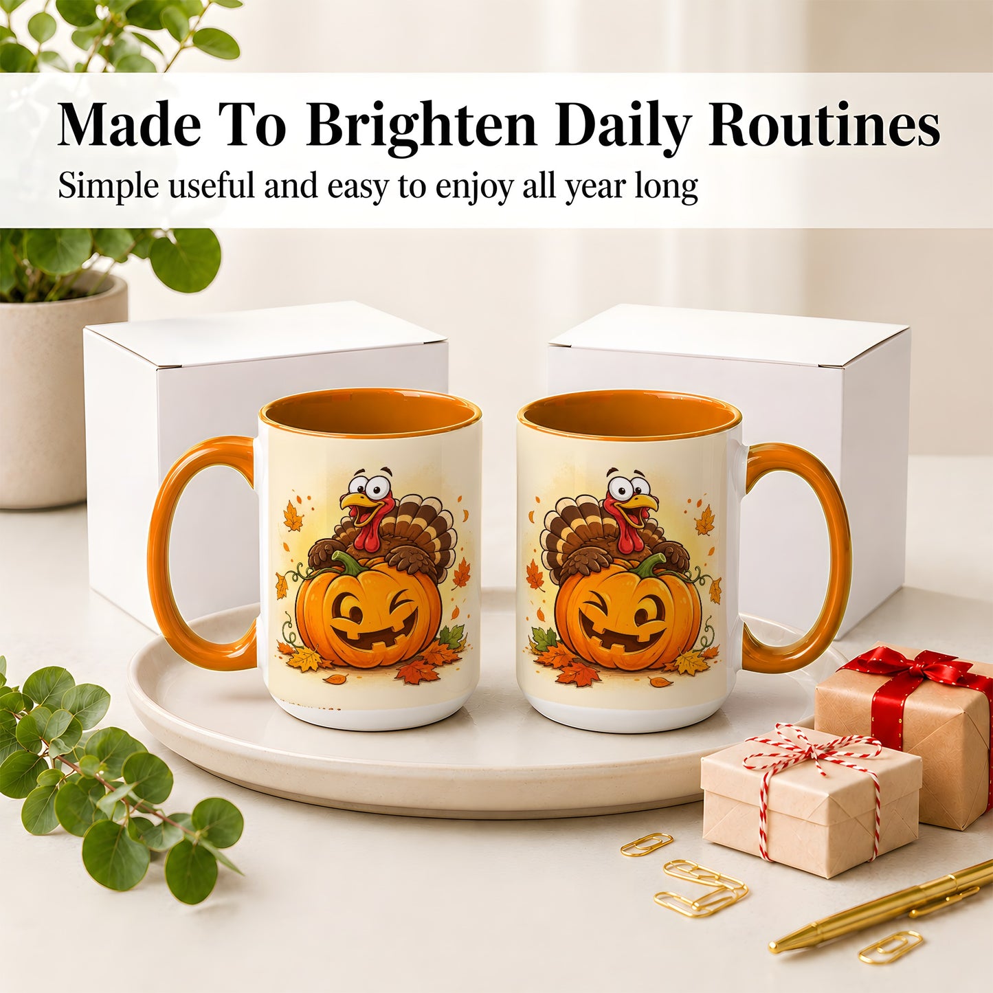 #pl[15oz|Orange] Turkey Pumpkin Accent Mug, Ceramic Mug with Jack-O-Lantern Artwork