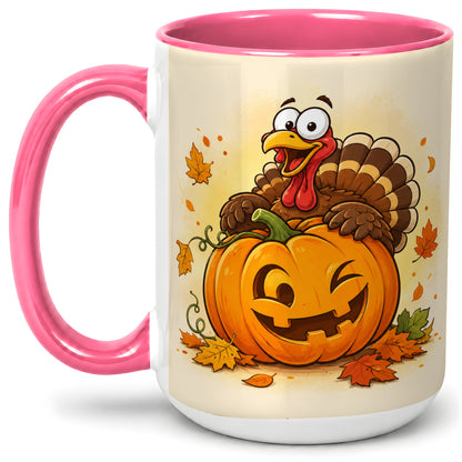#pl[15oz|Pink] Turkey Pumpkin Accent Mug, Ceramic Mug with Jack-O-Lantern Artwork