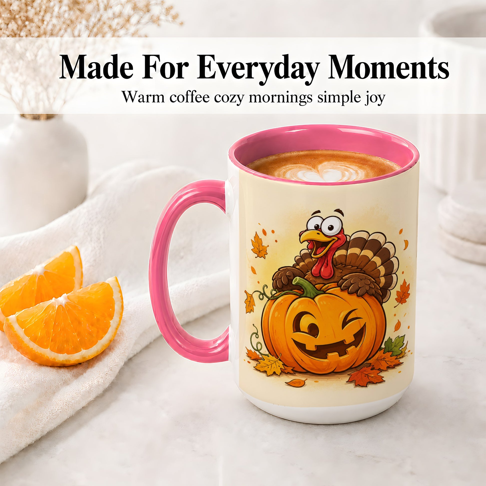 #pl[15oz|Pink] Turkey Pumpkin Accent Mug, Ceramic Mug with Jack-O-Lantern Artwork