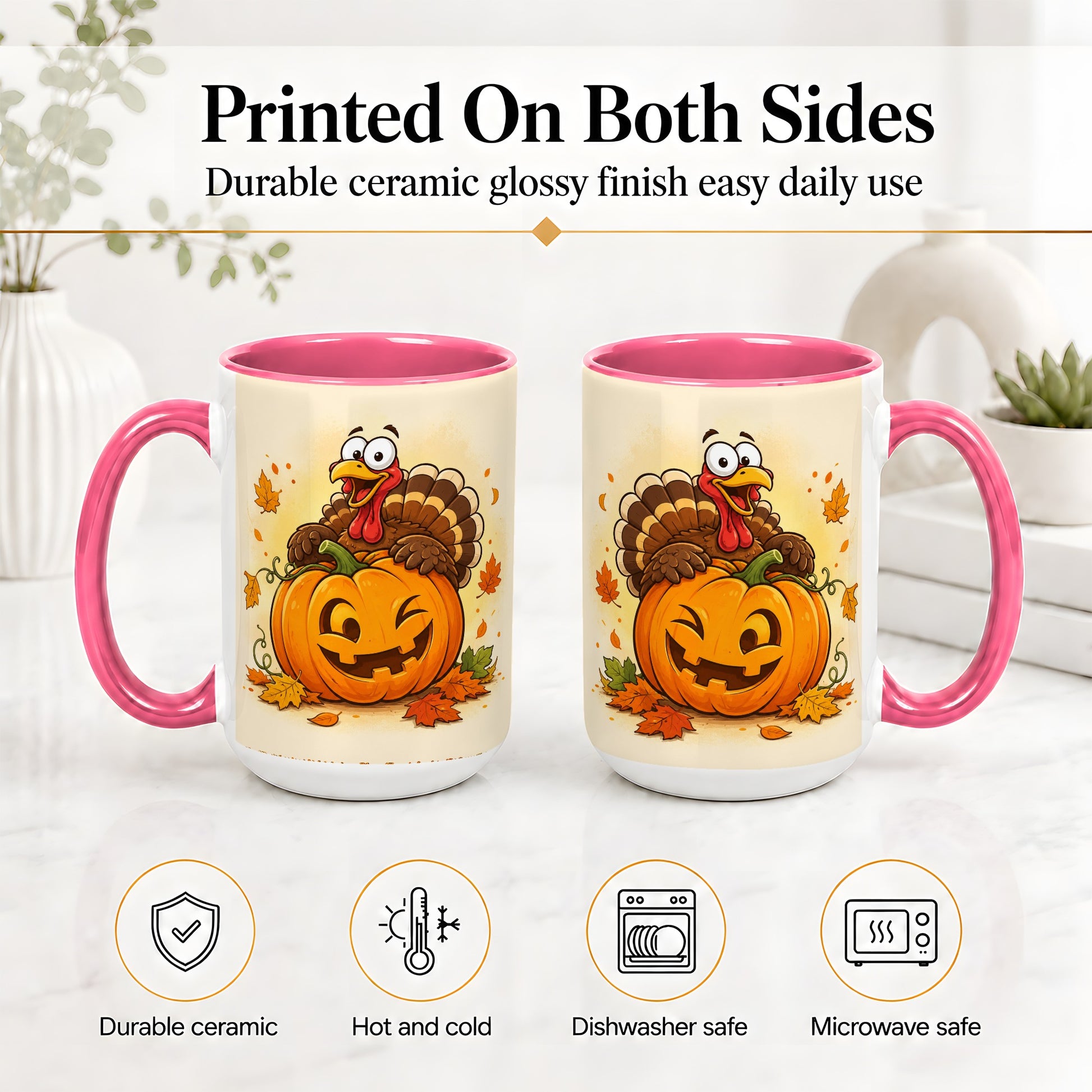 #pl[15oz|Pink] Turkey Pumpkin Accent Mug, Ceramic Mug with Jack-O-Lantern Artwork