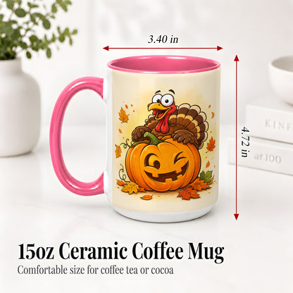 #pl[15oz|Pink] Turkey Pumpkin Accent Mug, Ceramic Mug with Jack-O-Lantern Artwork