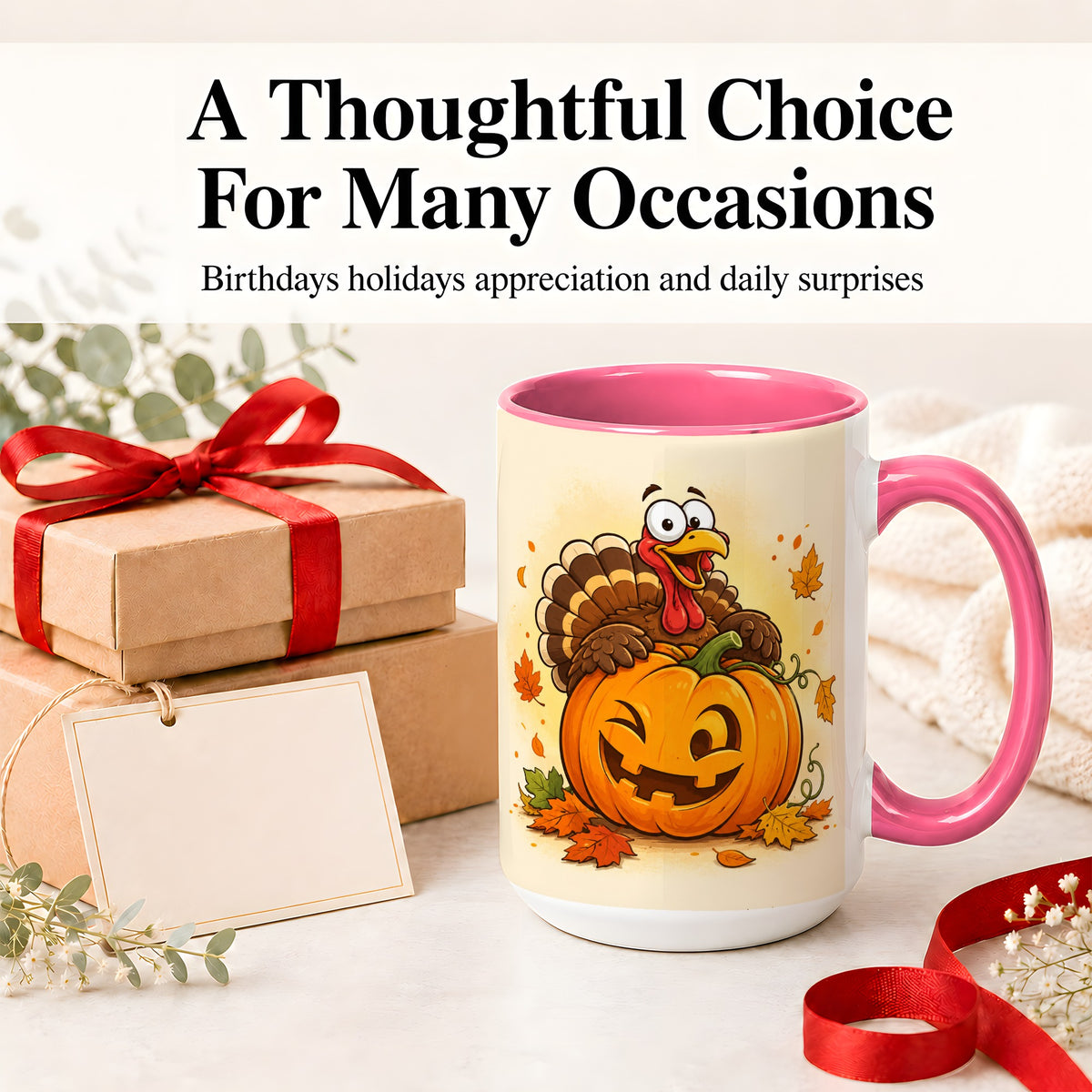 #pl[15oz|Pink] Turkey Pumpkin Accent Mug, Ceramic Mug with Jack-O-Lantern Artwork