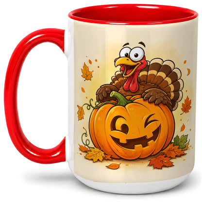 #pl[15oz|Red] Turkey Pumpkin Accent Mug, Ceramic Mug with Jack-O-Lantern Artwork