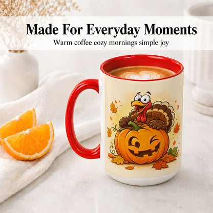 #pl[15oz|Red] Turkey Pumpkin Accent Mug, Ceramic Mug with Jack-O-Lantern Artwork