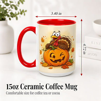 #pl[15oz|Red] Turkey Pumpkin Accent Mug, Ceramic Mug with Jack-O-Lantern Artwork