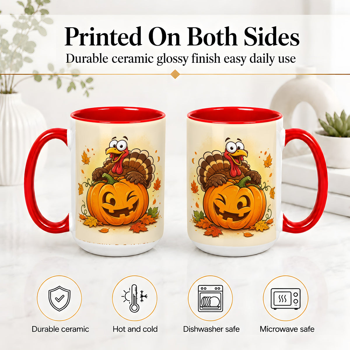 #pl[15oz|Red] Turkey Pumpkin Accent Mug, Ceramic Mug with Jack-O-Lantern Artwork