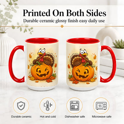 #pl[15oz|Red] Turkey Pumpkin Accent Mug, Ceramic Mug with Jack-O-Lantern Artwork