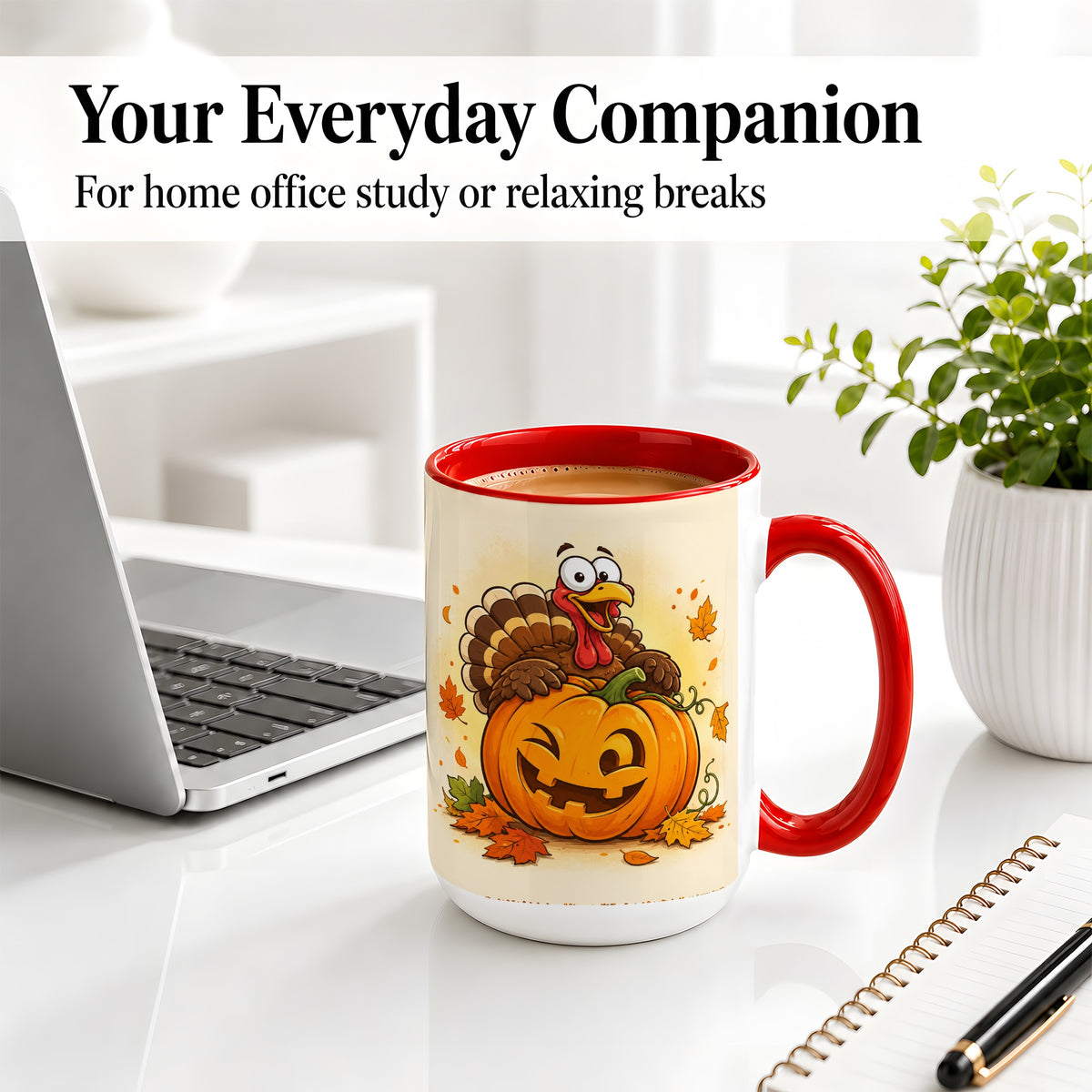 #pl[15oz|Red] Turkey Pumpkin Accent Mug, Ceramic Mug with Jack-O-Lantern Artwork