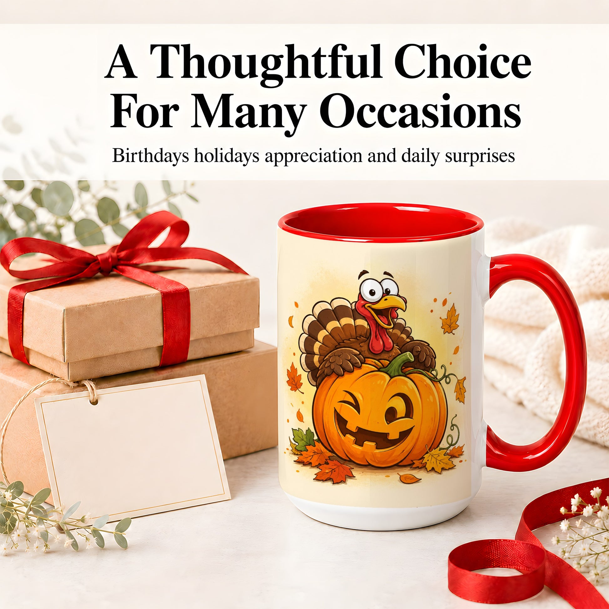 #pl[15oz|Red] Turkey Pumpkin Accent Mug, Ceramic Mug with Jack-O-Lantern Artwork