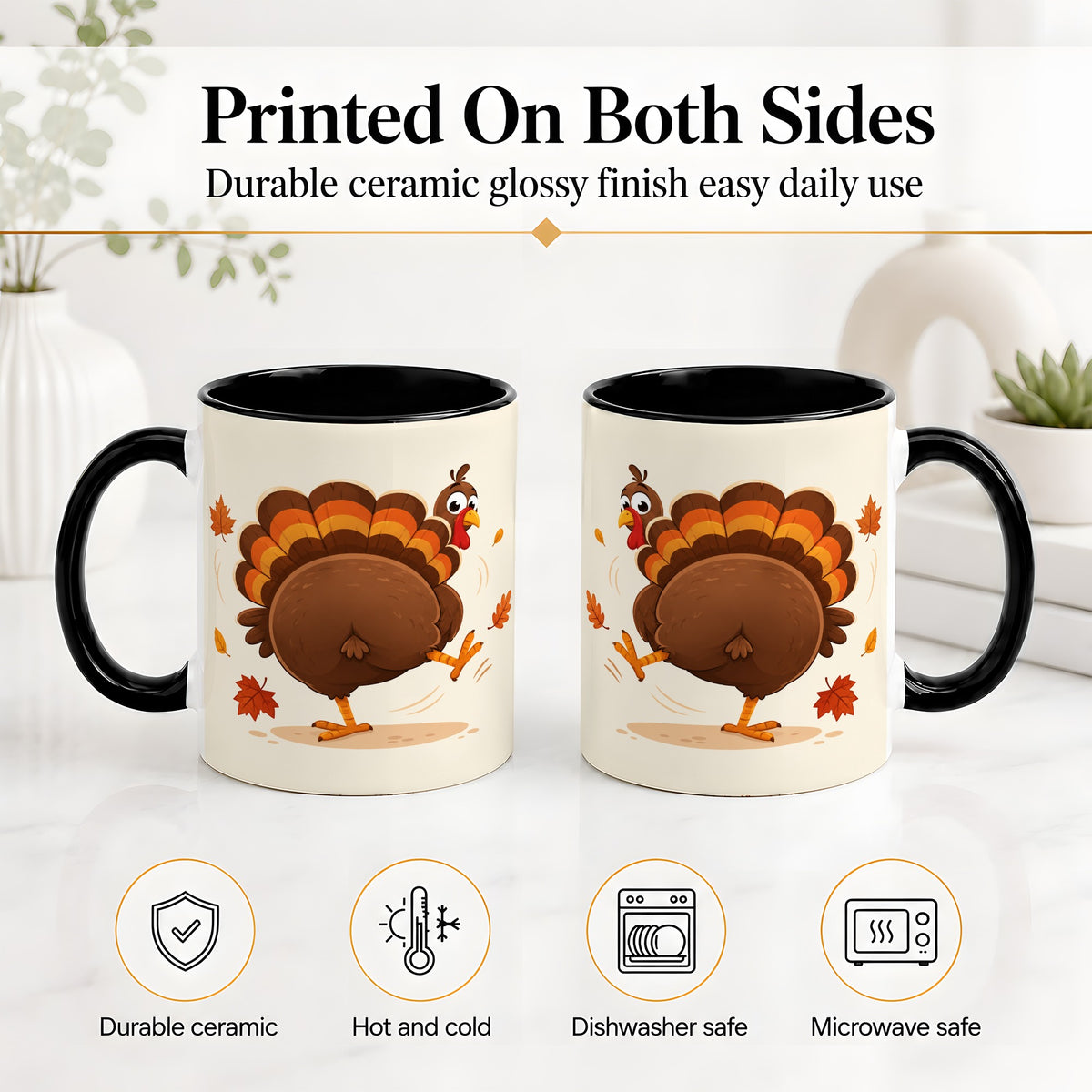 #pl[11oz|Black] Funny Turkey Accent Mug, Ceramic Mug with Dancing Back View Artwork