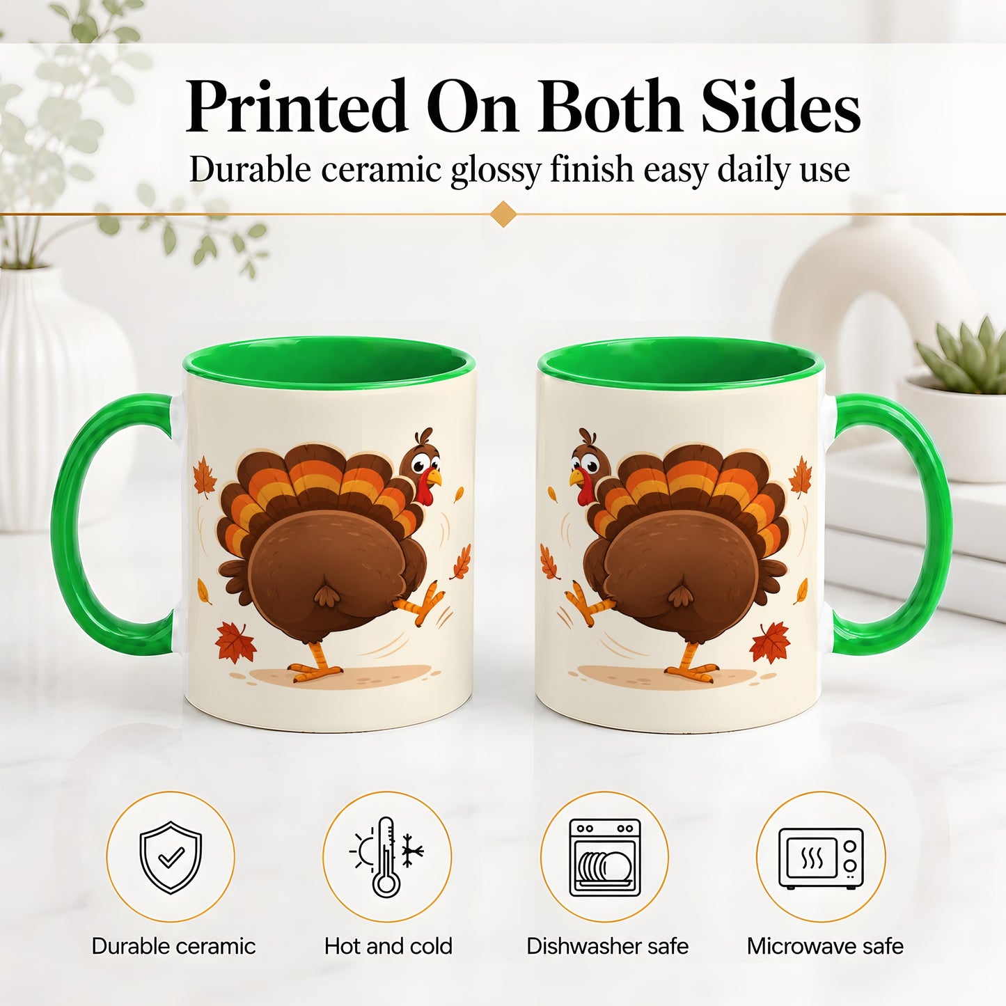 #pl[11oz|Green] Funny Turkey Accent Mug, Ceramic Mug with Dancing Back View Artwork