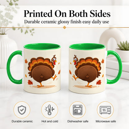 #pl[11oz|Green] Funny Turkey Accent Mug, Ceramic Mug with Dancing Back View Artwork