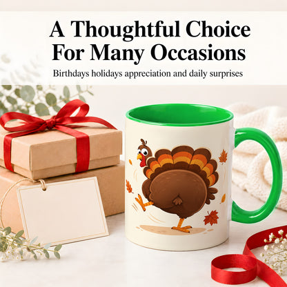 #pl[11oz|Green] Funny Turkey Accent Mug, Ceramic Mug with Dancing Back View Artwork