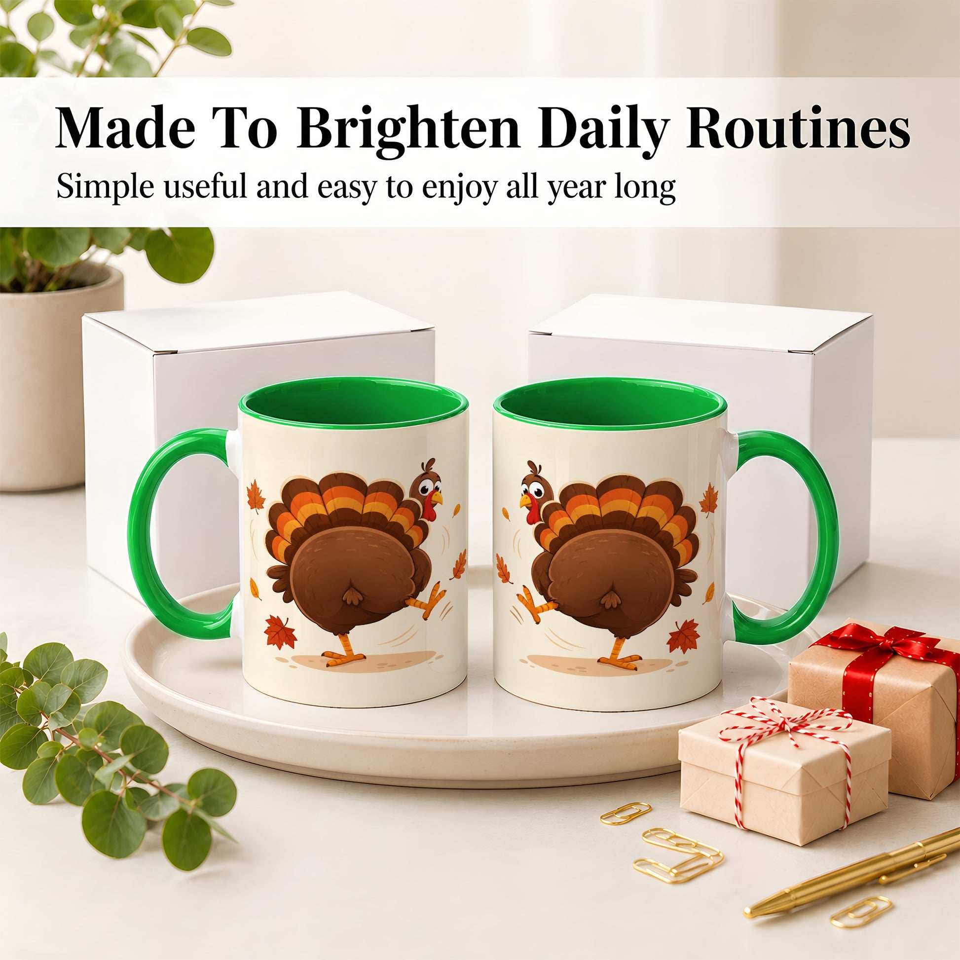 #pl[11oz|Green] Funny Turkey Accent Mug, Ceramic Mug with Dancing Back View Artwork