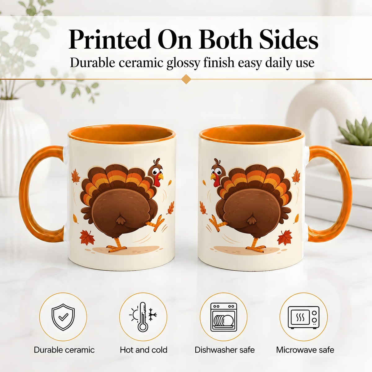 #pl[11oz|Orange] Funny Turkey Accent Mug, Ceramic Mug with Dancing Back View Artwork