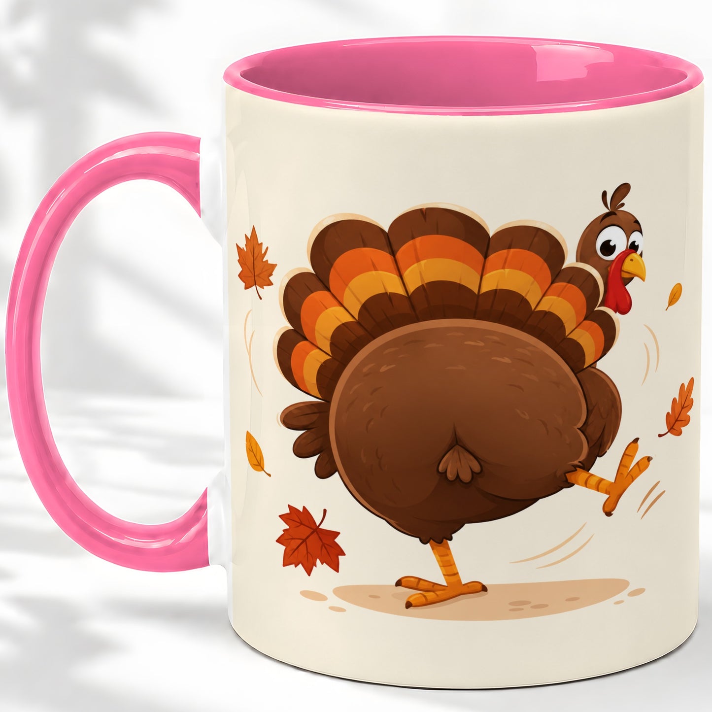 #pl[11oz|Pink] Funny Turkey Accent Mug, Ceramic Mug with Dancing Back View Artwork