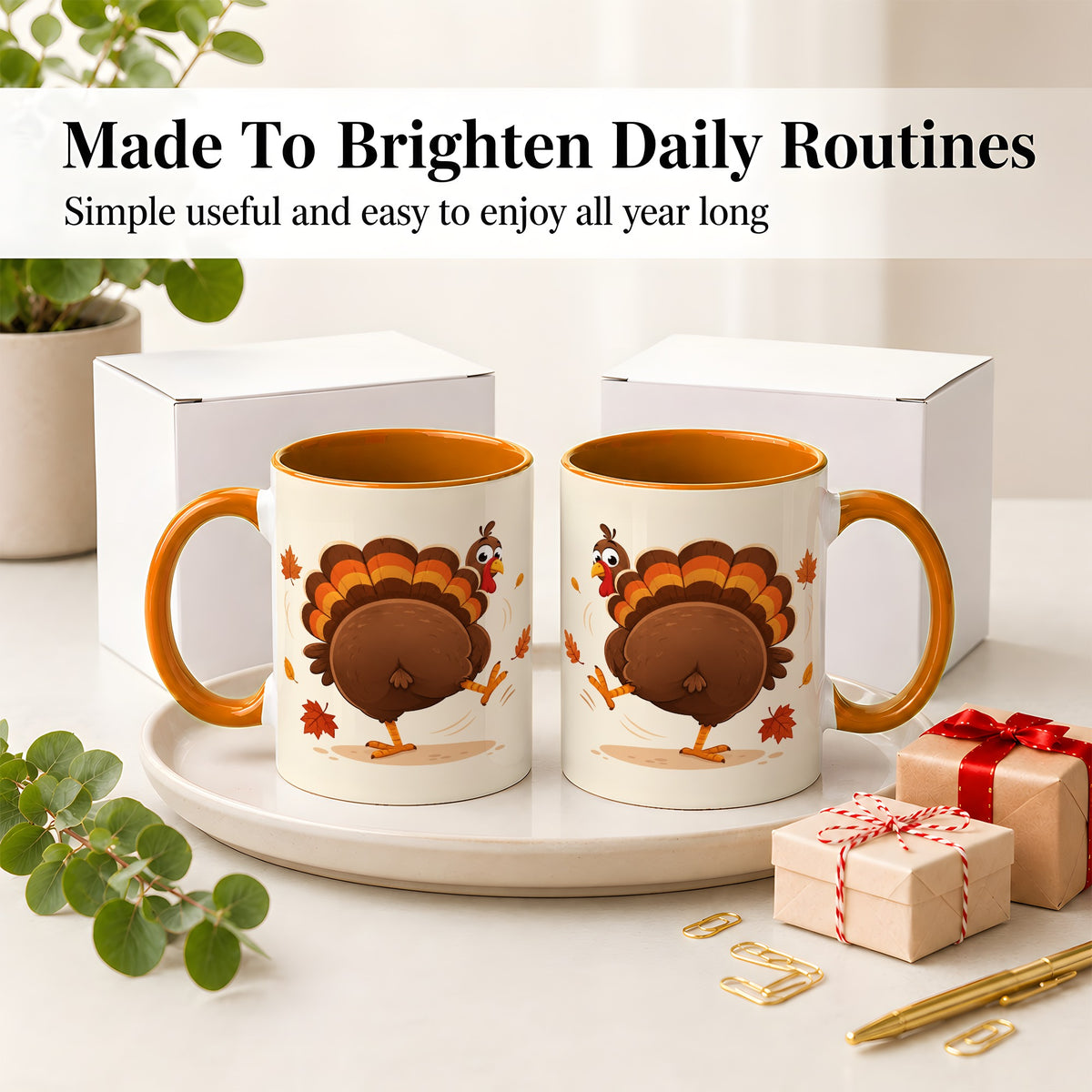 #pl[11oz|Orange] Funny Turkey Accent Mug, Ceramic Mug with Dancing Back View Artwork