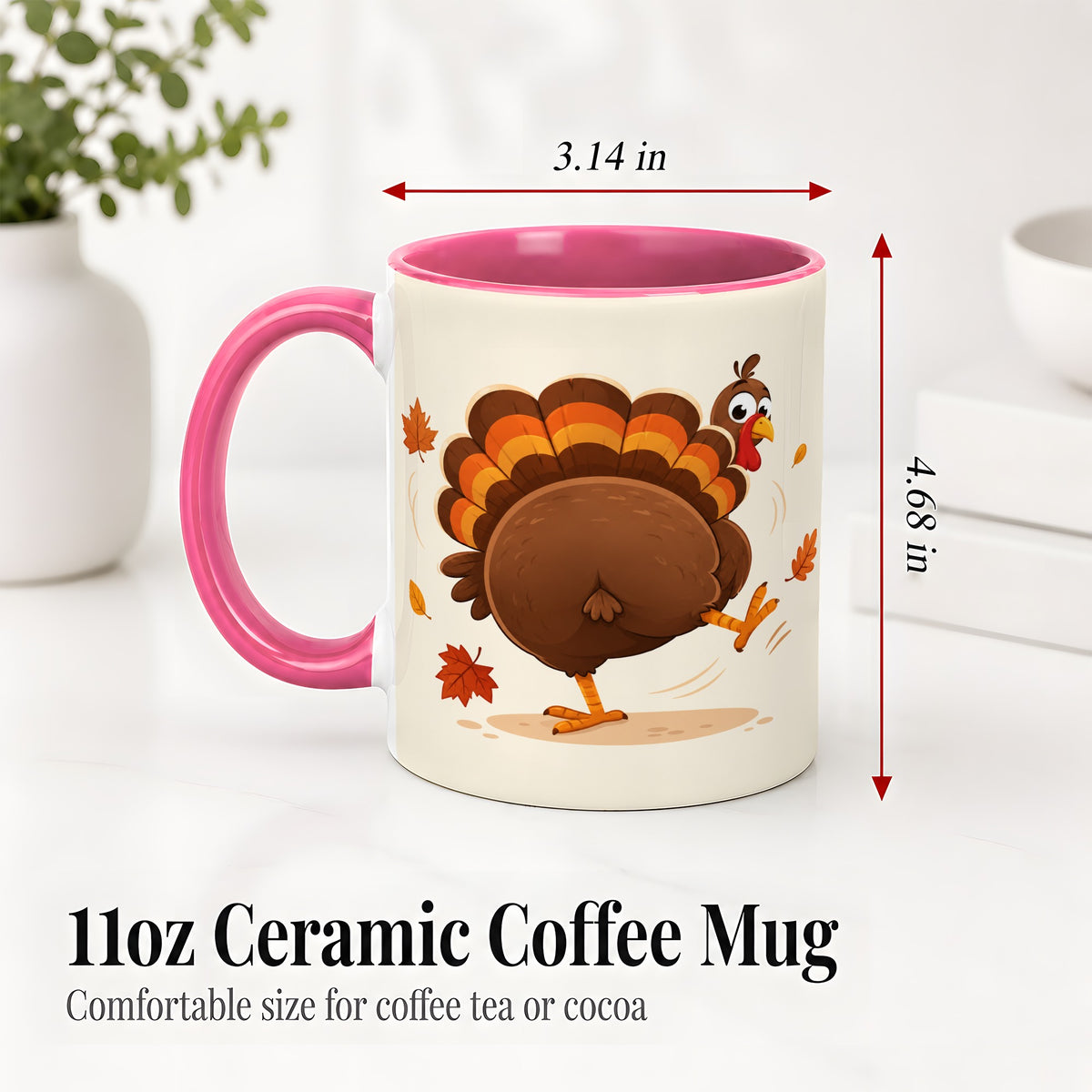#pl[11oz|Pink] Funny Turkey Accent Mug, Ceramic Mug with Dancing Back View Artwork