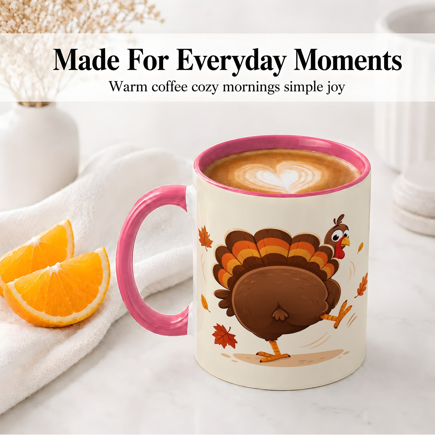 #pl[11oz|Pink] Funny Turkey Accent Mug, Ceramic Mug with Dancing Back View Artwork