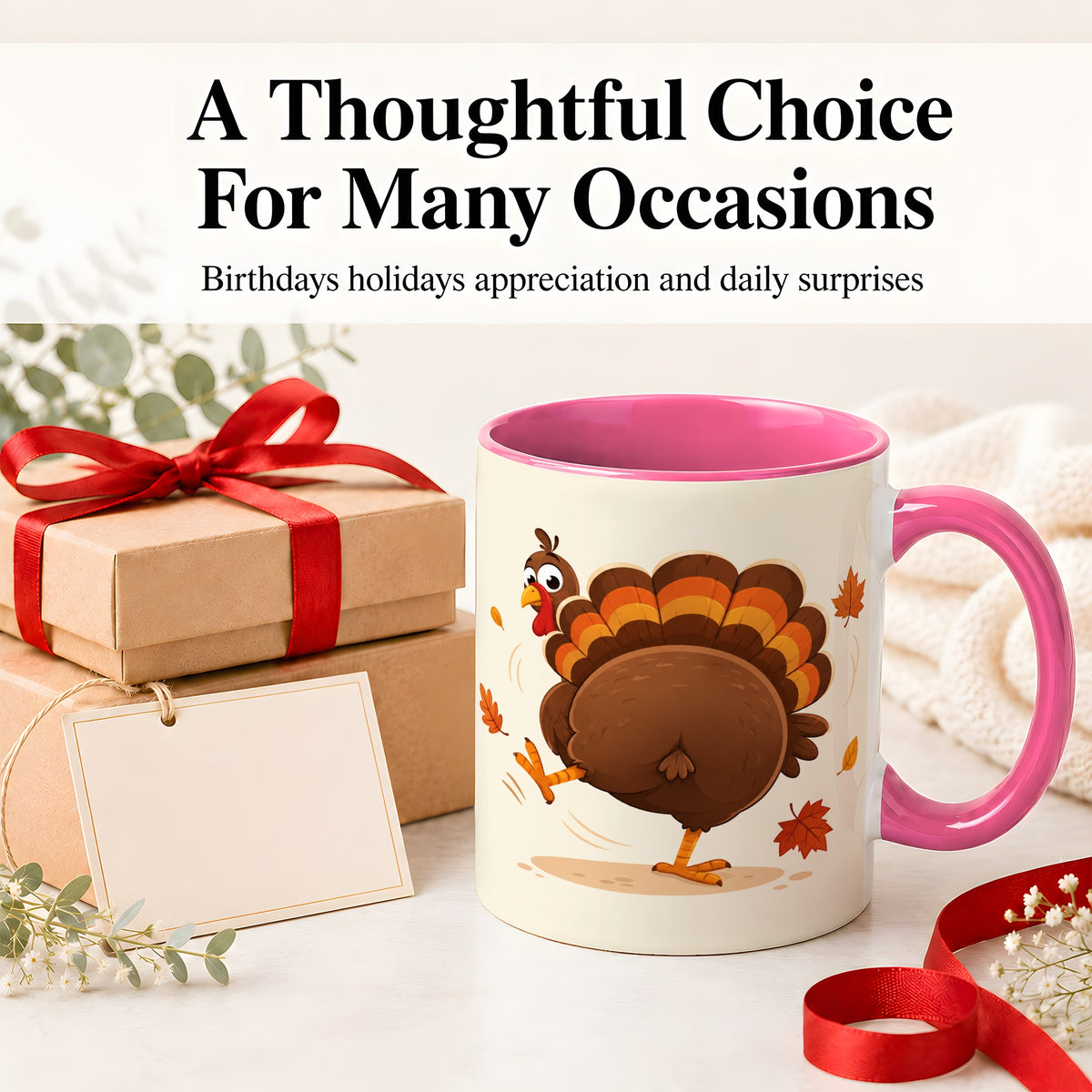 #pl[11oz|Pink] Funny Turkey Accent Mug, Ceramic Mug with Dancing Back View Artwork