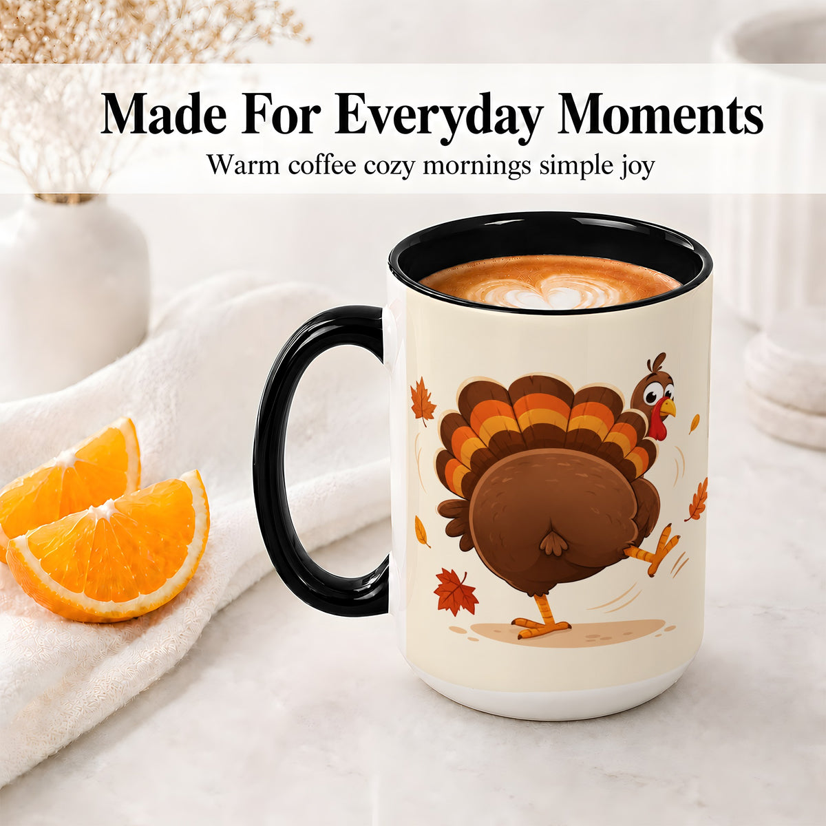 #pl[15oz|Black] Funny Turkey Accent Mug, Ceramic Mug with Dancing Back View Artwork