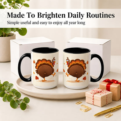 #pl[15oz|Black] Funny Turkey Accent Mug, Ceramic Mug with Dancing Back View Artwork