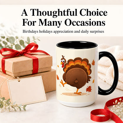 #pl[15oz|Black] Funny Turkey Accent Mug, Ceramic Mug with Dancing Back View Artwork