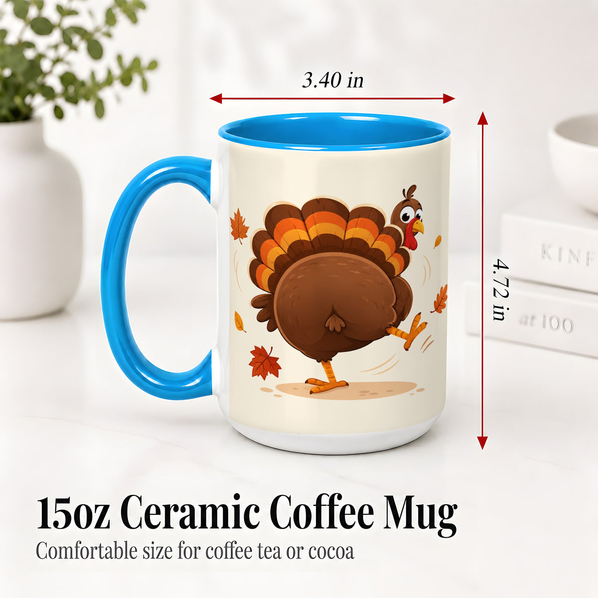 #pl[15oz|Blue] Funny Turkey Accent Mug, Ceramic Mug with Dancing Back View Artwork