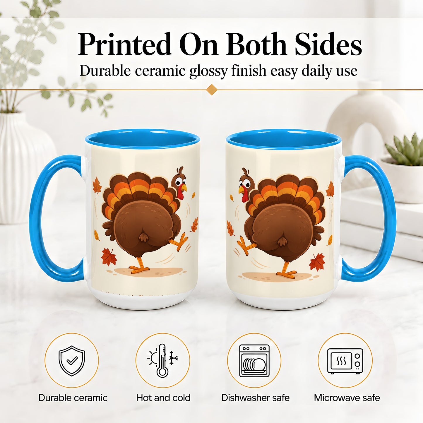 #pl[15oz|Blue] Funny Turkey Accent Mug, Ceramic Mug with Dancing Back View Artwork
