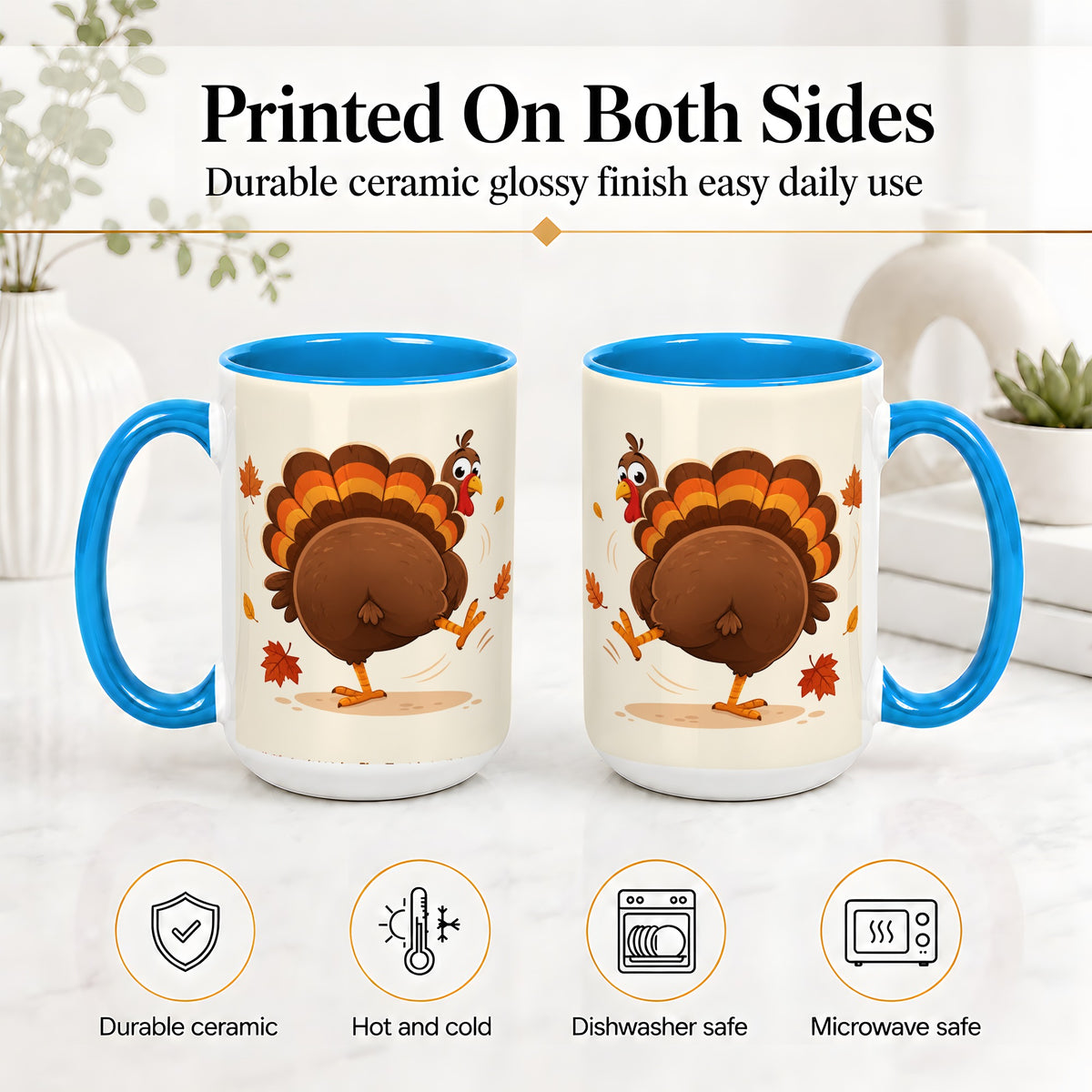 #pl[15oz|Blue] Funny Turkey Accent Mug, Ceramic Mug with Dancing Back View Artwork