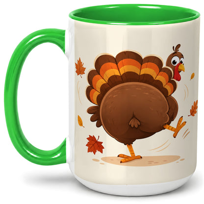 #pl[15oz|Green] Funny Turkey Accent Mug, Ceramic Mug with Dancing Back View Artwork