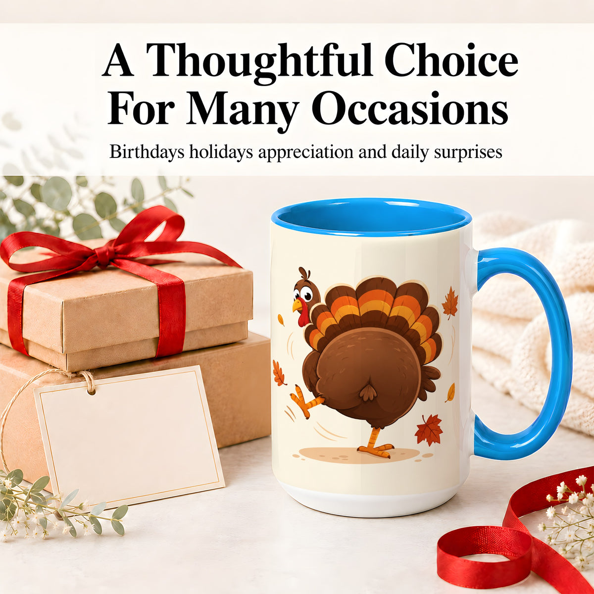 #pl[15oz|Blue] Funny Turkey Accent Mug, Ceramic Mug with Dancing Back View Artwork