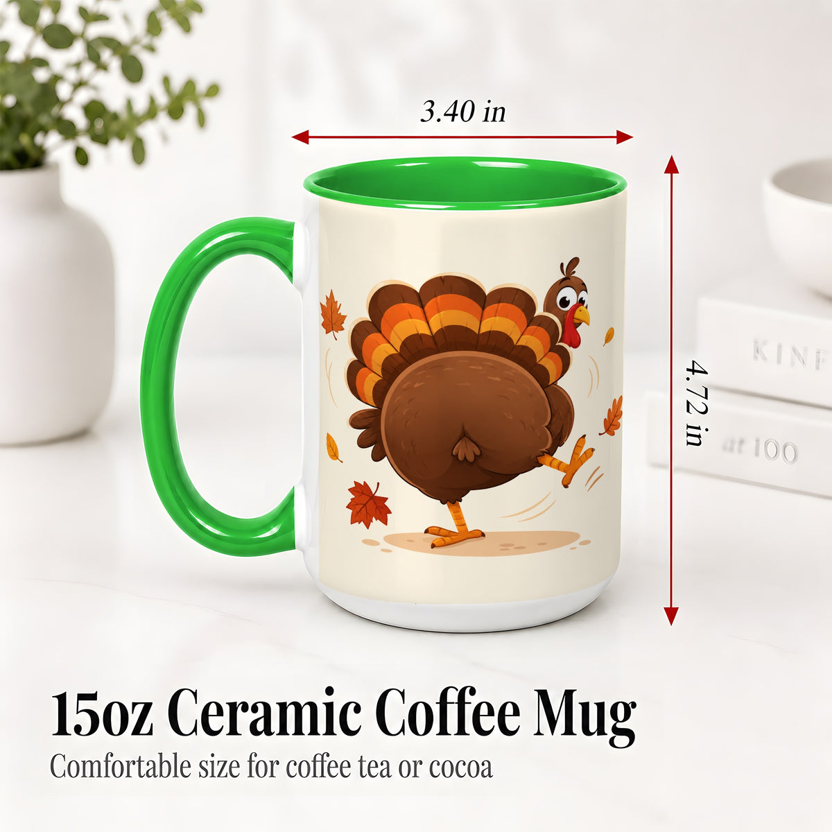 #pl[15oz|Green] Funny Turkey Accent Mug, Ceramic Mug with Dancing Back View Artwork
