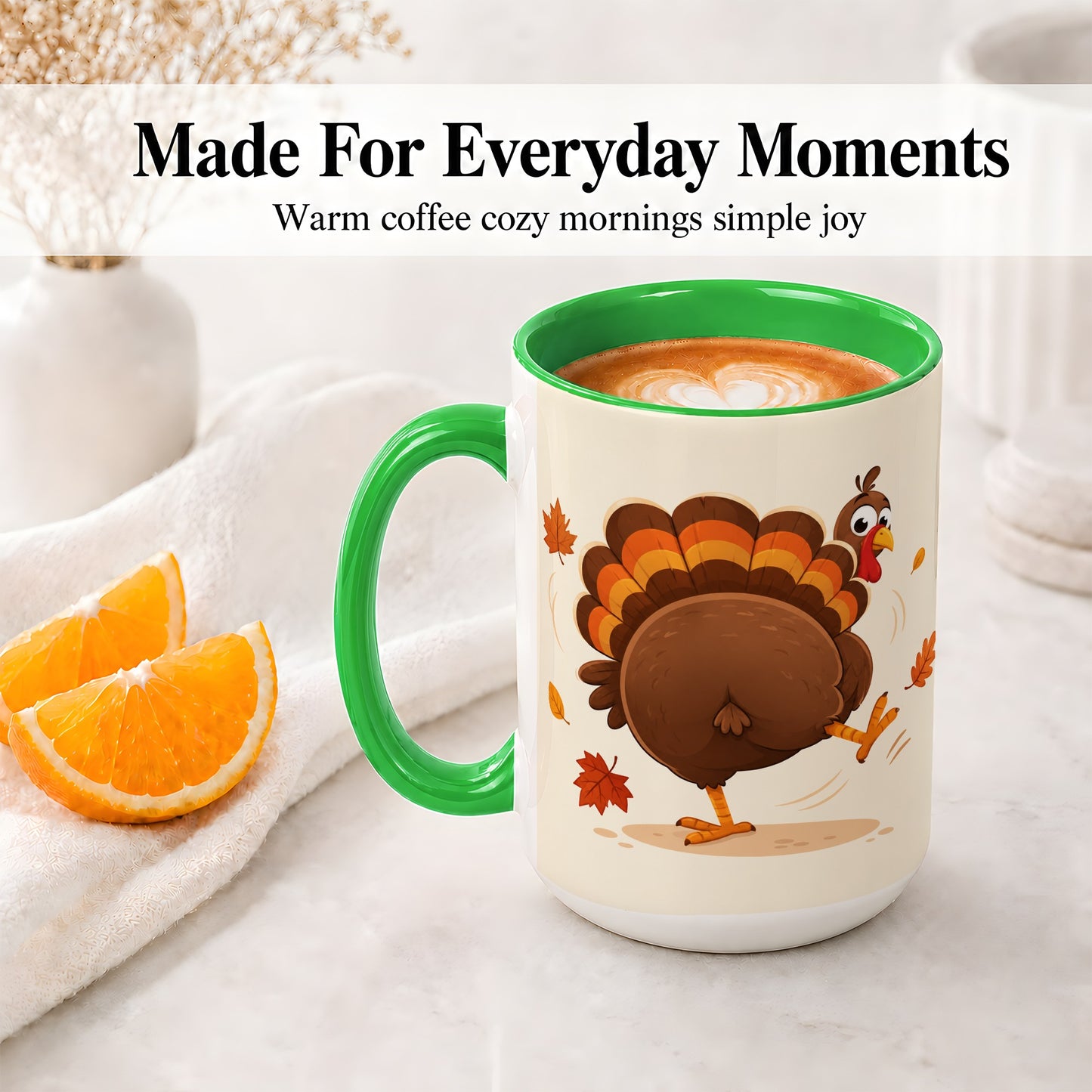 #pl[15oz|Green] Funny Turkey Accent Mug, Ceramic Mug with Dancing Back View Artwork