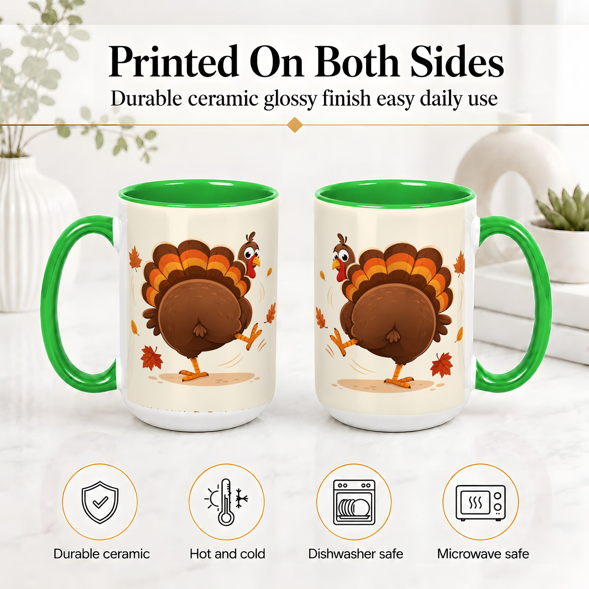 #pl[15oz|Green] Funny Turkey Accent Mug, Ceramic Mug with Dancing Back View Artwork