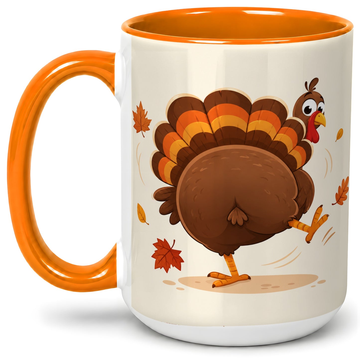 #pl[15oz|Orange] Funny Turkey Accent Mug, Ceramic Mug with Dancing Back View Artwork