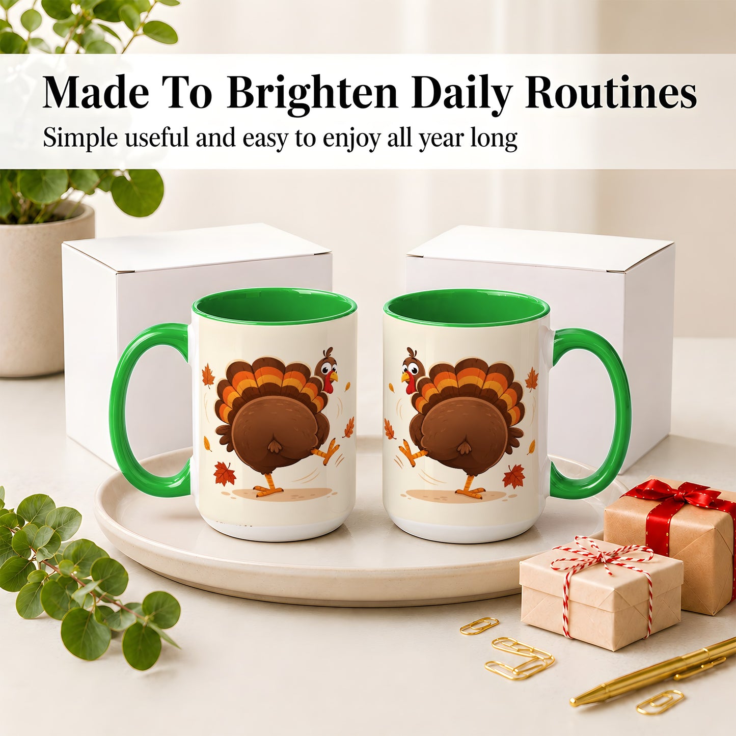 #pl[15oz|Green] Funny Turkey Accent Mug, Ceramic Mug with Dancing Back View Artwork