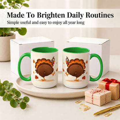 #pl[15oz|Green] Funny Turkey Accent Mug, Ceramic Mug with Dancing Back View Artwork