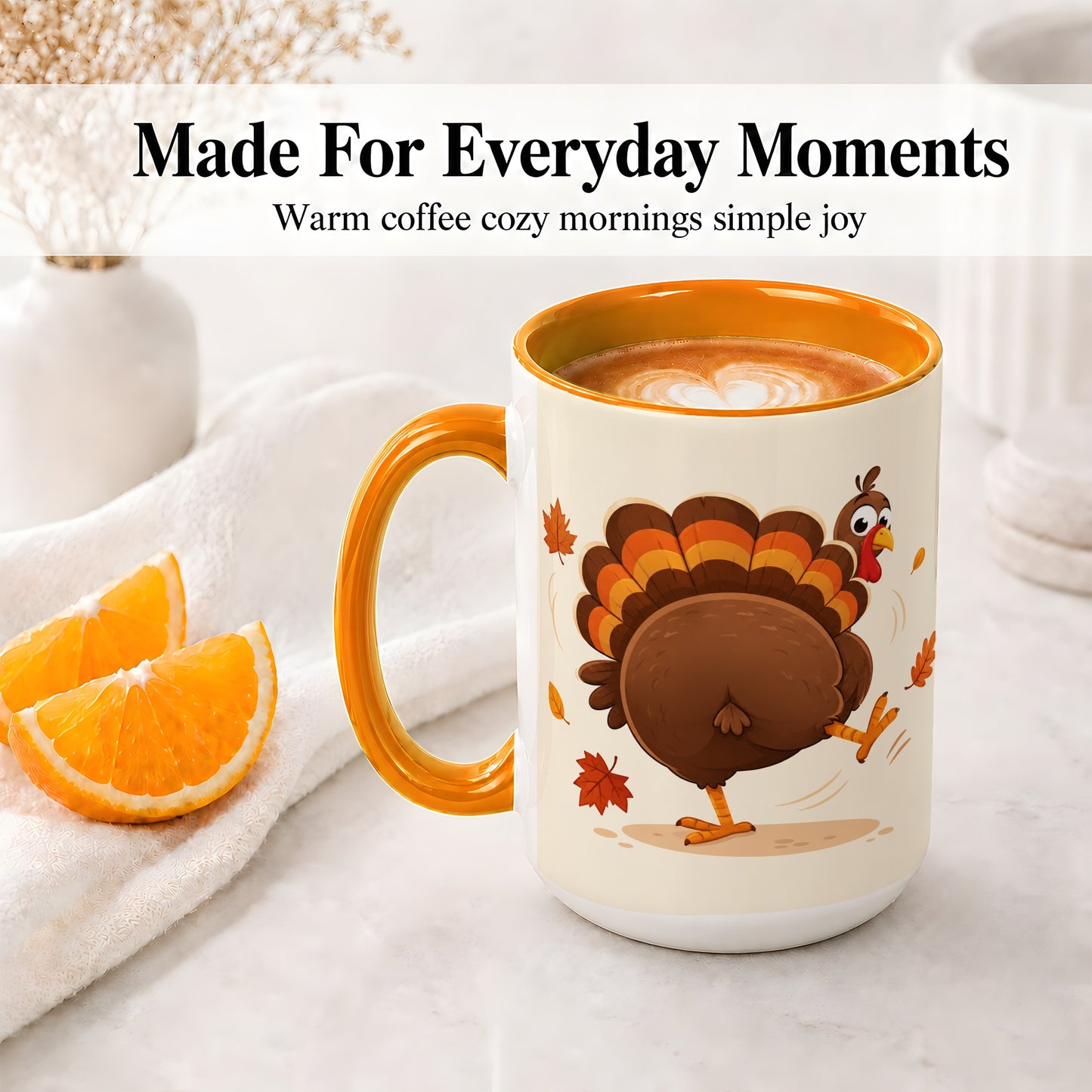 #pl[15oz|Orange] Funny Turkey Accent Mug, Ceramic Mug with Dancing Back View Artwork