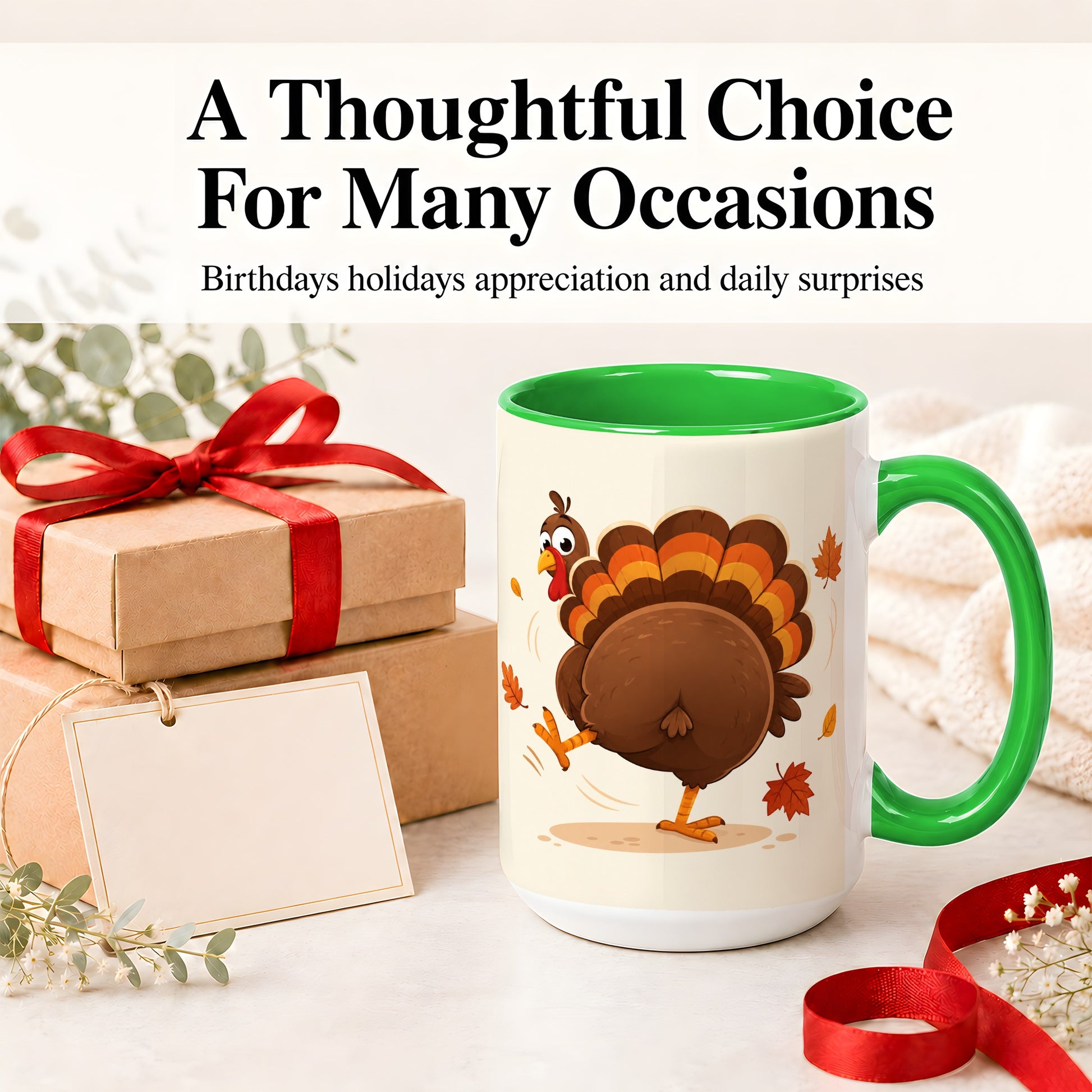 #pl[15oz|Green] Funny Turkey Accent Mug, Ceramic Mug with Dancing Back View Artwork