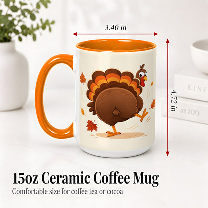 #pl[15oz|Orange] Funny Turkey Accent Mug, Ceramic Mug with Dancing Back View Artwork