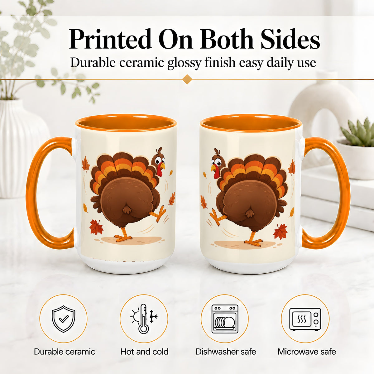 #pl[15oz|Orange] Funny Turkey Accent Mug, Ceramic Mug with Dancing Back View Artwork