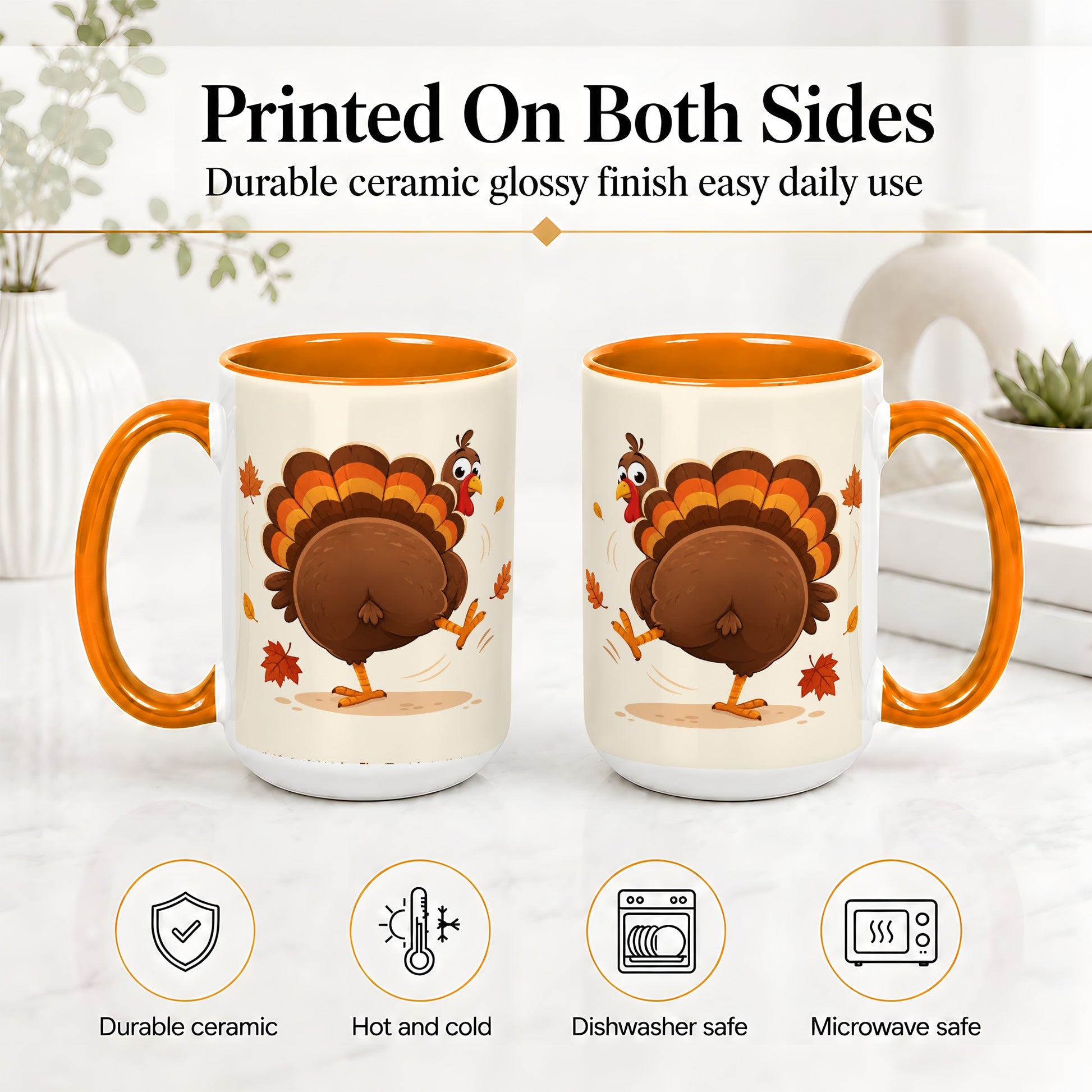 #pl[15oz|Orange] Funny Turkey Accent Mug, Ceramic Mug with Dancing Back View Artwork
