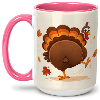 #pl[15oz|Pink] Funny Turkey Accent Mug, Ceramic Mug with Dancing Back View Artwork
