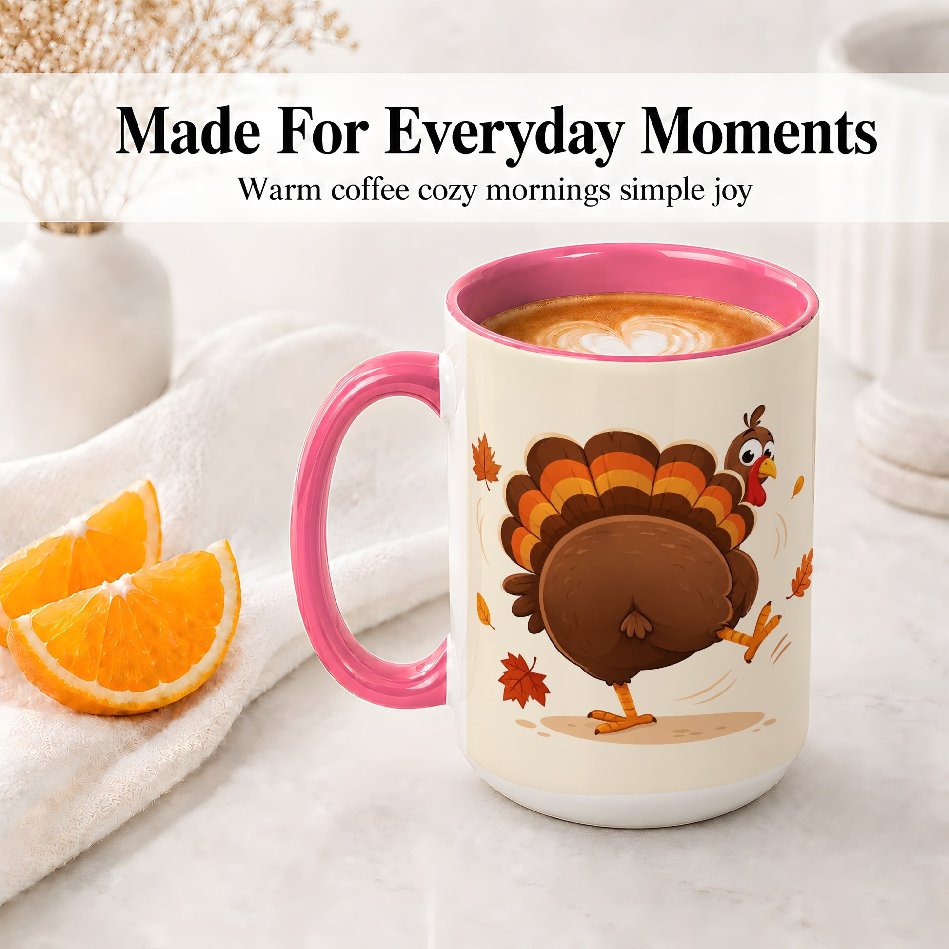 #pl[15oz|Pink] Funny Turkey Accent Mug, Ceramic Mug with Dancing Back View Artwork