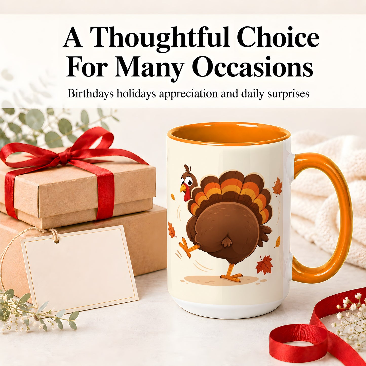 #pl[15oz|Orange] Funny Turkey Accent Mug, Ceramic Mug with Dancing Back View Artwork