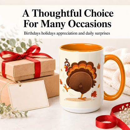 #pl[15oz|Orange] Funny Turkey Accent Mug, Ceramic Mug with Dancing Back View Artwork