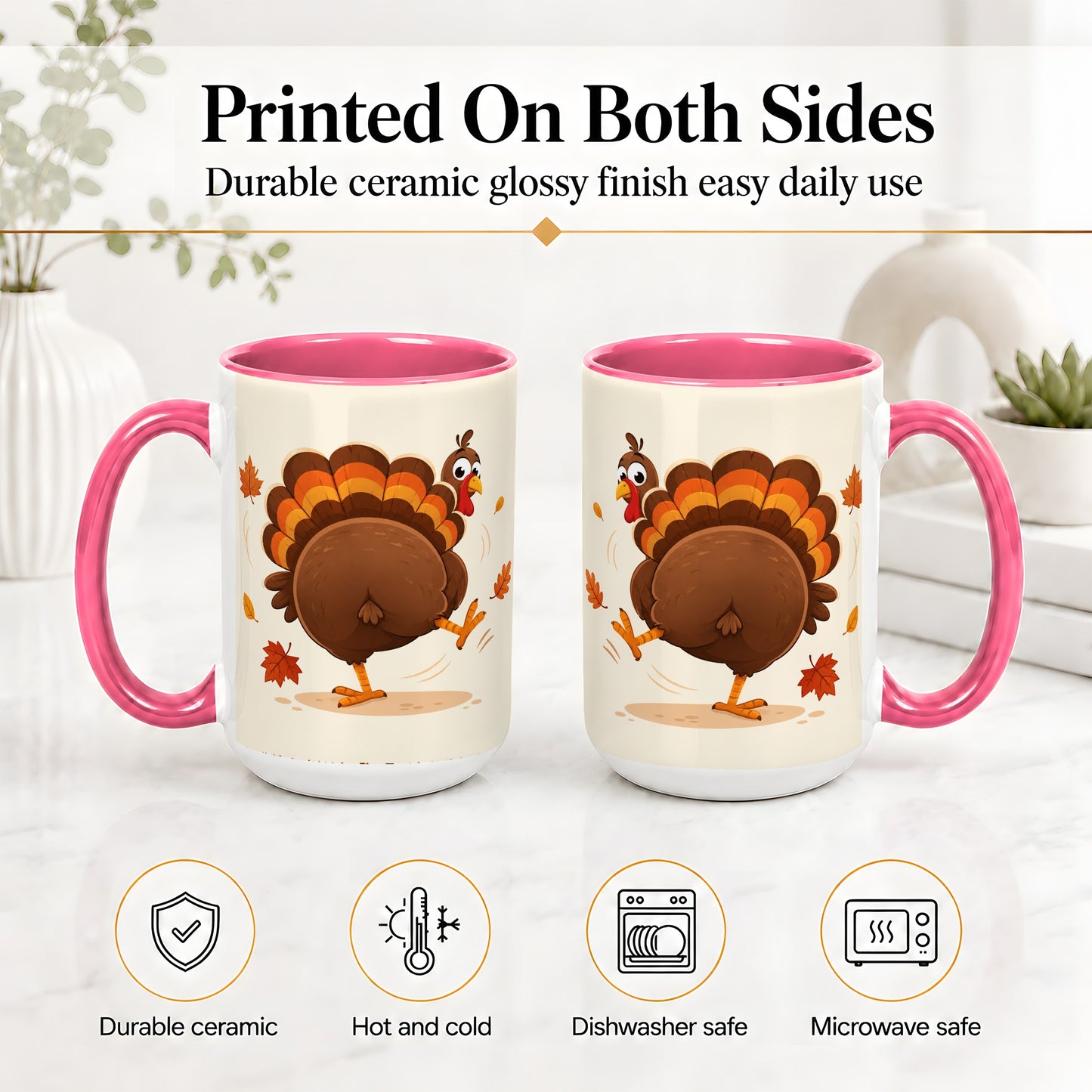 #pl[15oz|Pink] Funny Turkey Accent Mug, Ceramic Mug with Dancing Back View Artwork