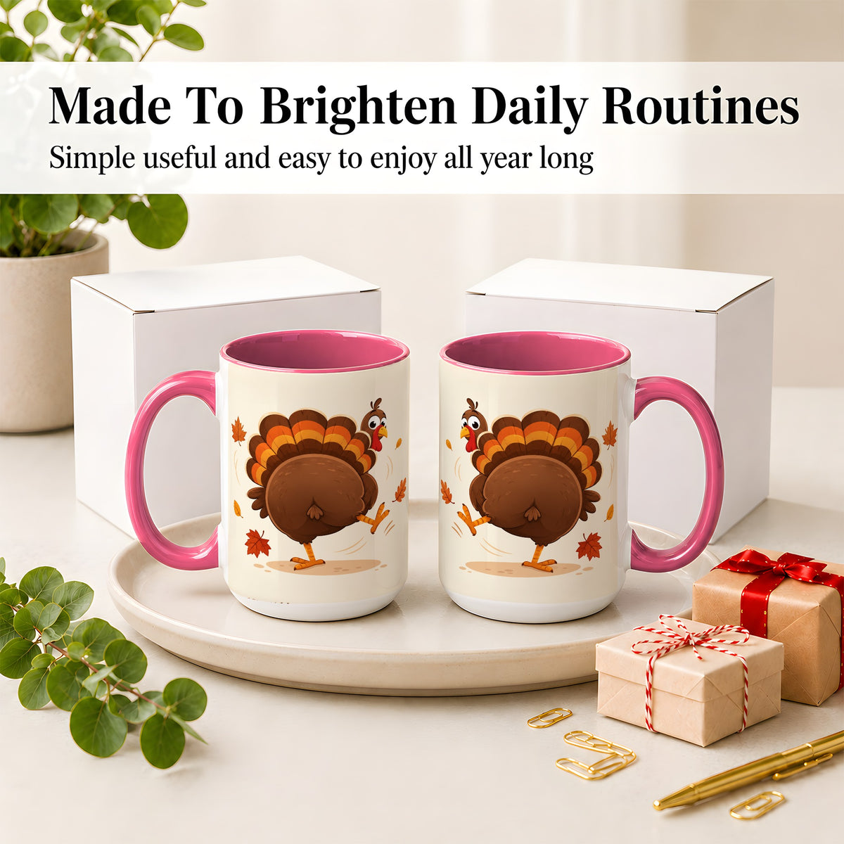 #pl[15oz|Pink] Funny Turkey Accent Mug, Ceramic Mug with Dancing Back View Artwork